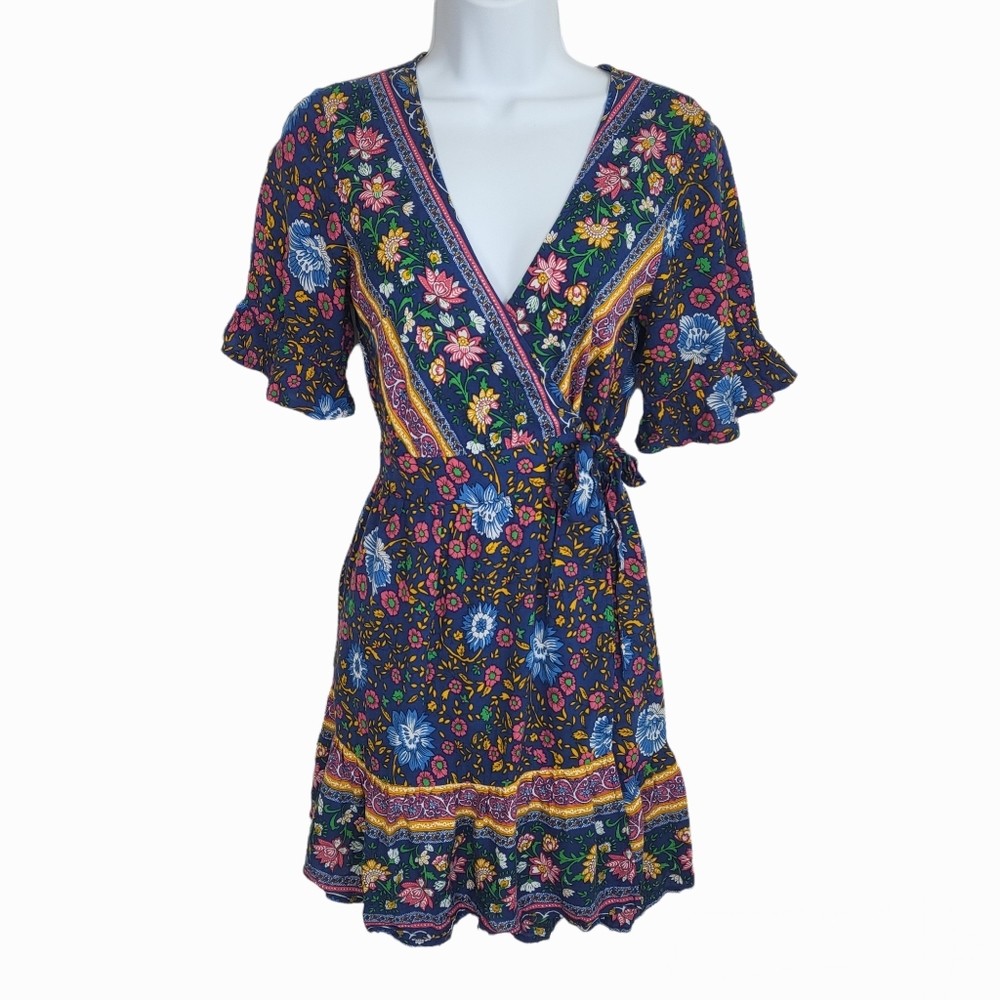 Hello Molly Saints + Secrets Blue Floral Wrap Dress Small